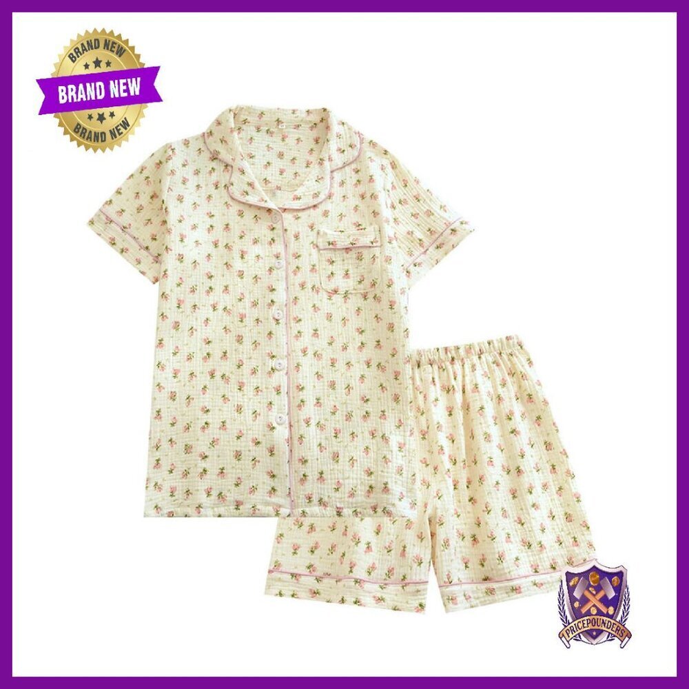 Cotton Pajama Set Short Sleeve Button Up Shirt and Shorts 2 Piece